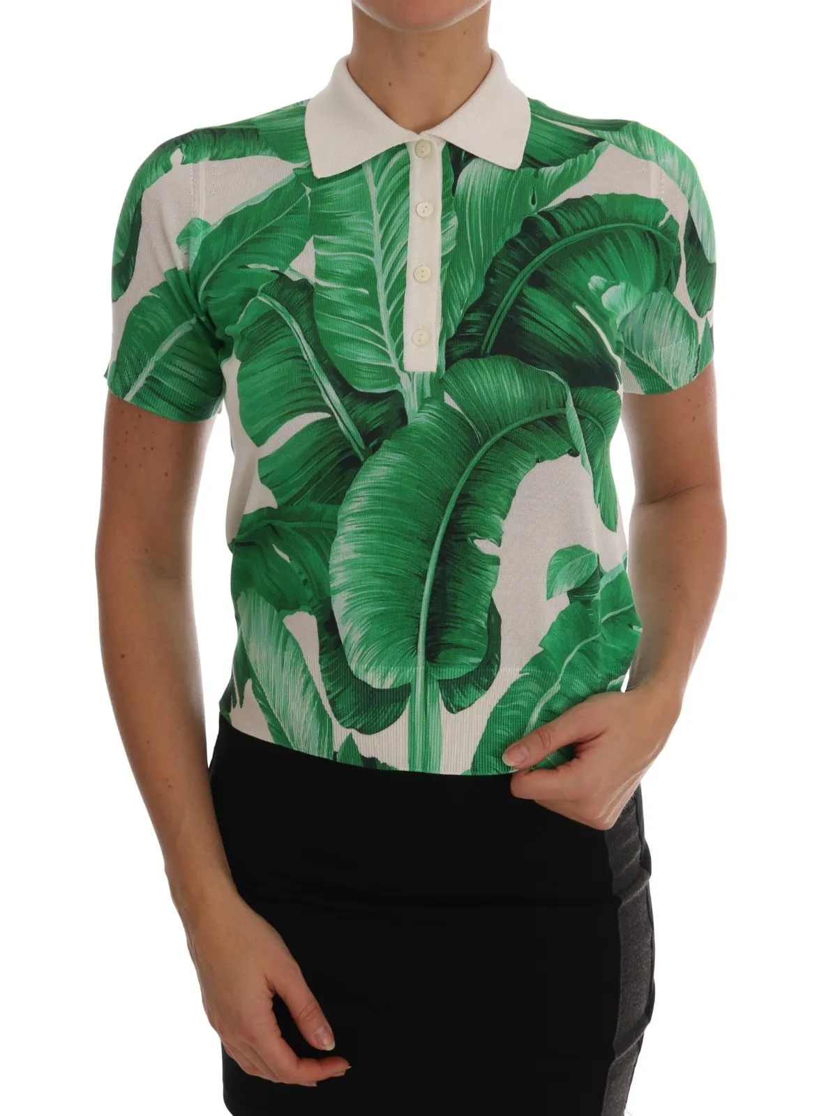 Camiseta polo de seda con estampado de plátano verde