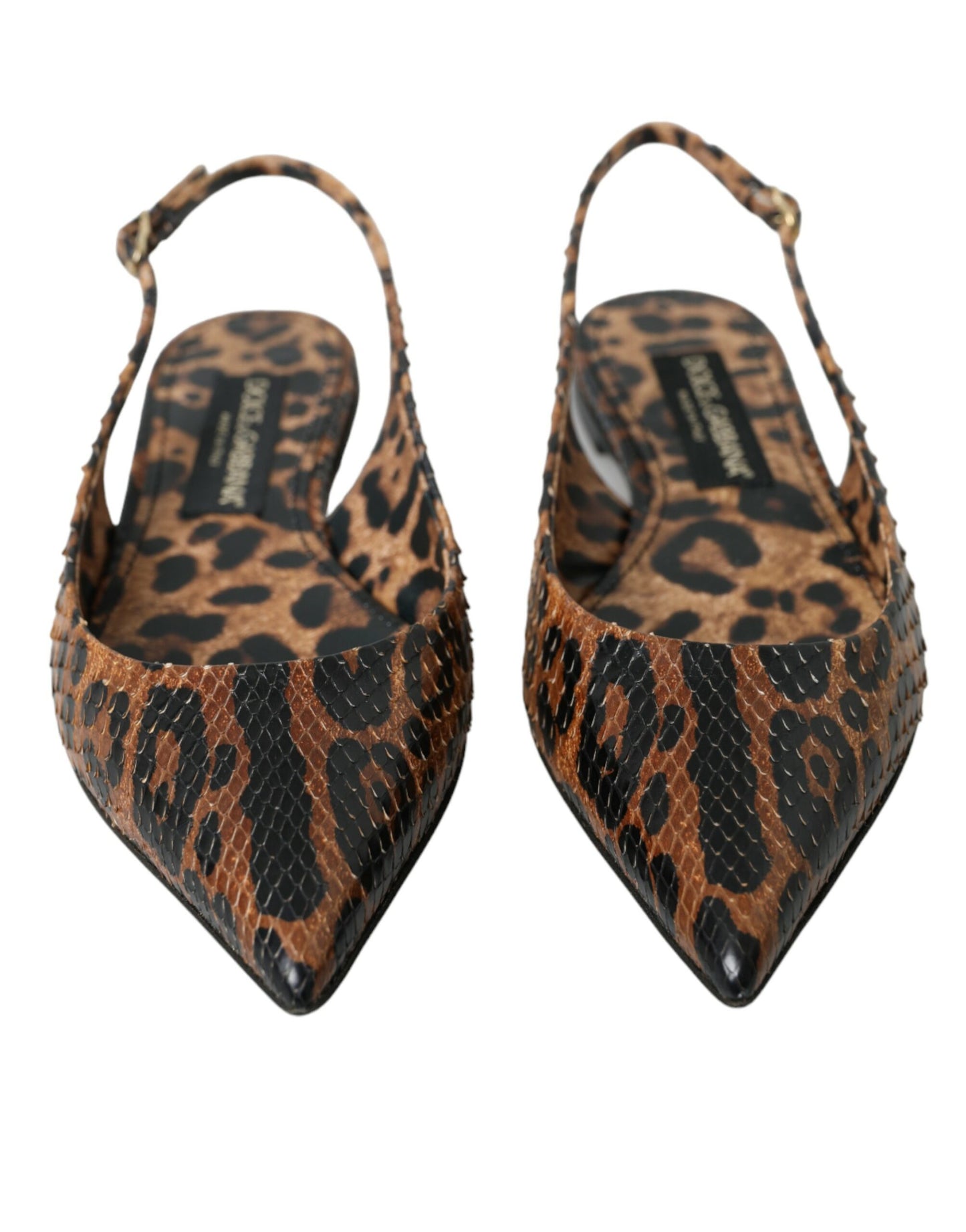 Zapatos de tira trasera de piel exótica de leopardo marrón