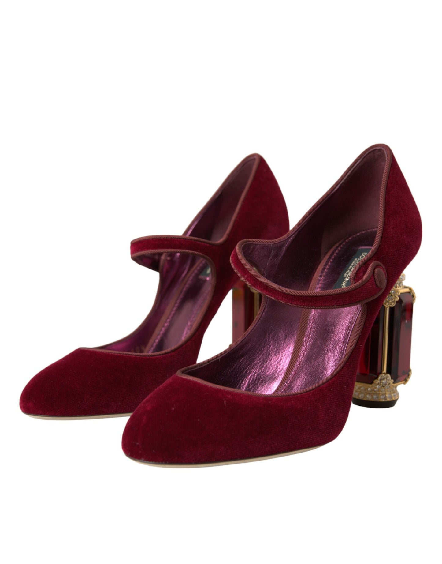 Zapatos Mary Jane de terciopelo rojo con cristales dorados y tacones