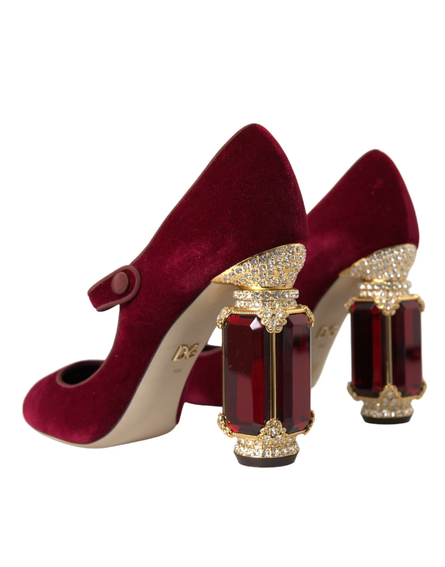 Zapatos Mary Jane de terciopelo rojo con cristales dorados y tacones
