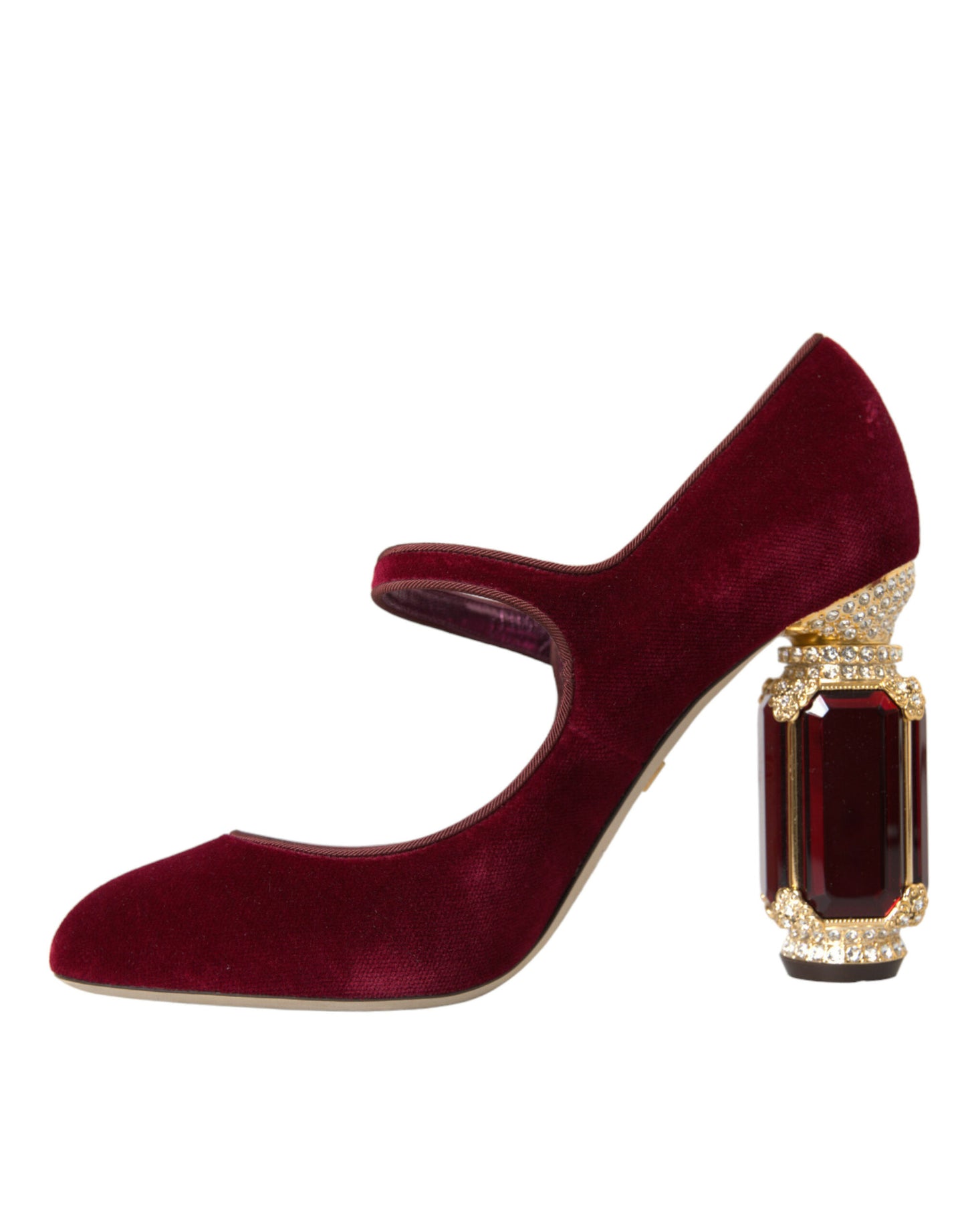 Zapatos Mary Jane de terciopelo rojo con cristales dorados y tacones