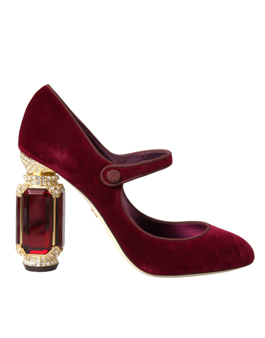 Zapatos Mary Jane de terciopelo rojo con cristales dorados y tacones