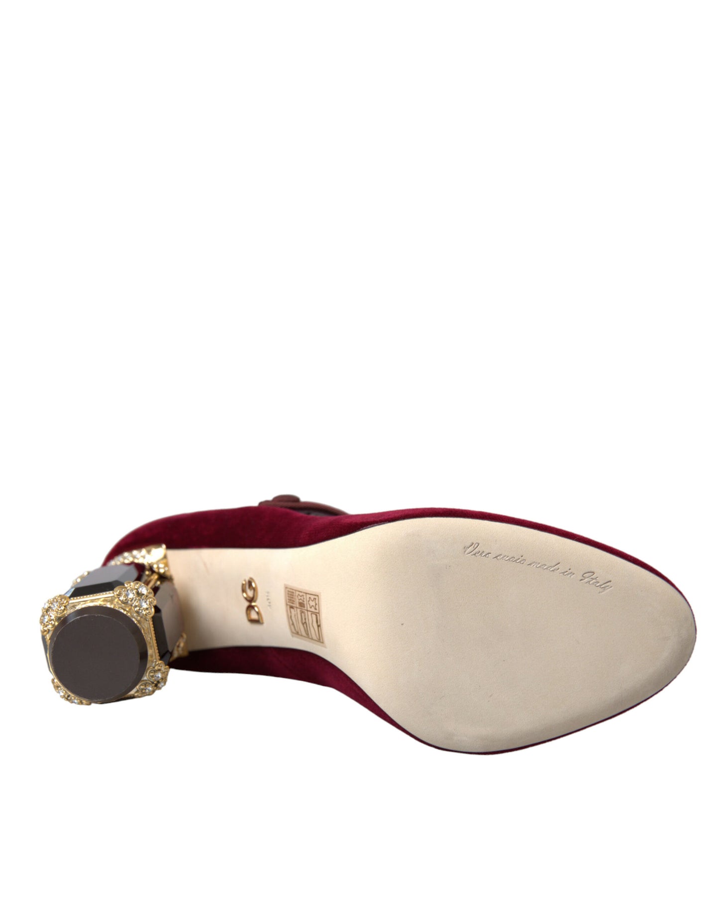 Zapatos Mary Jane de terciopelo rojo con cristales dorados y tacones