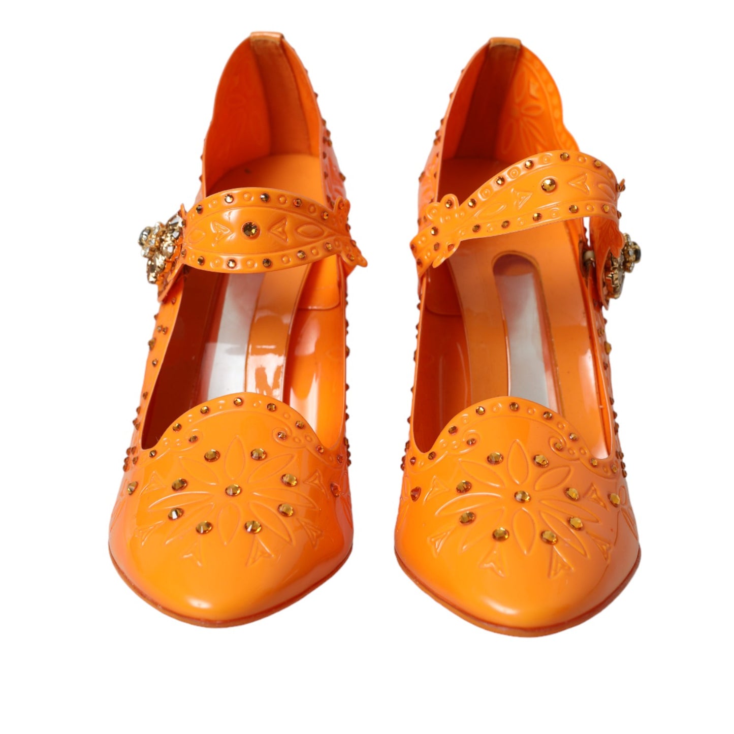 Zapatos de tacón con cristales y diseño floral de Cenicienta en color naranja