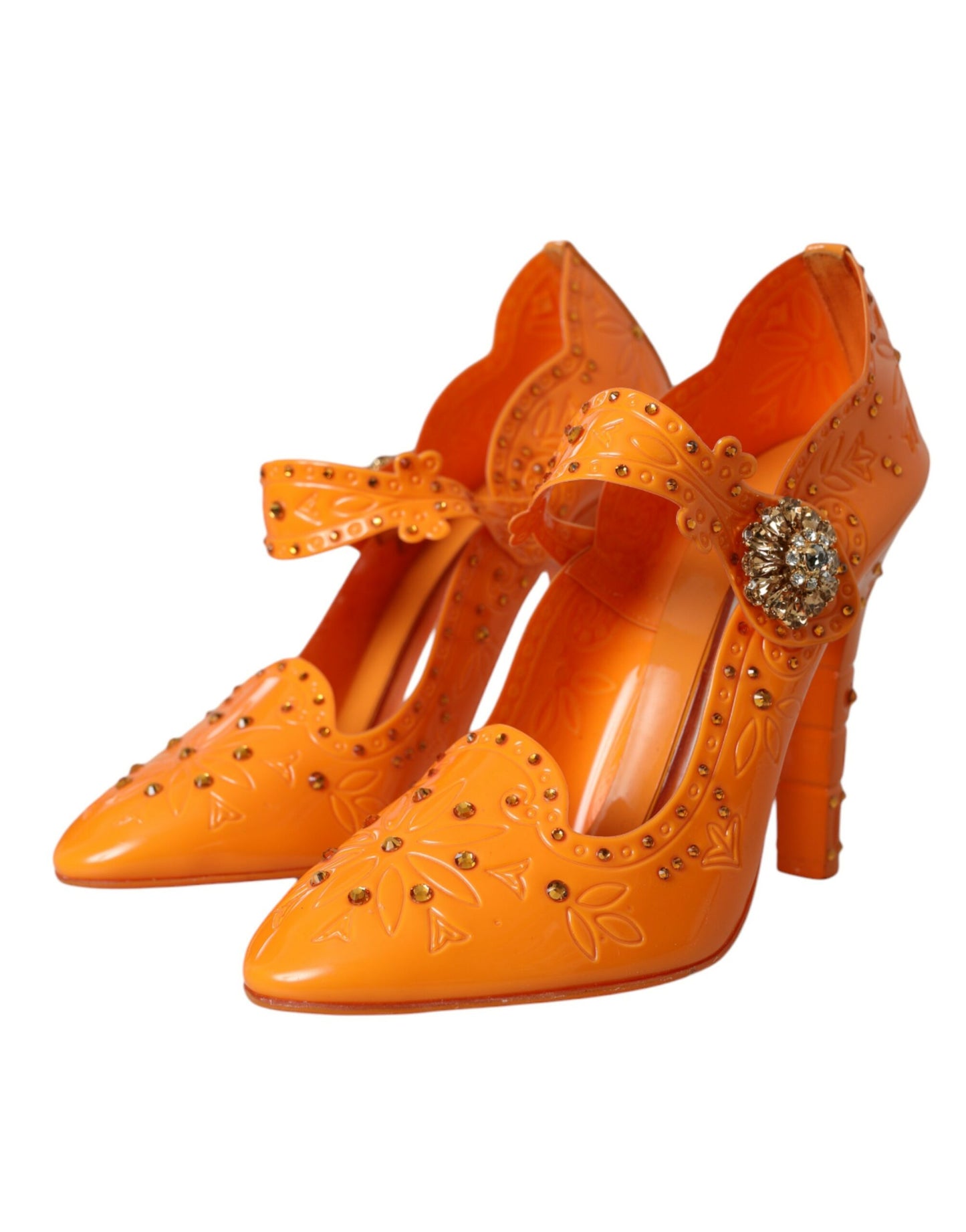 Zapatos de tacón con cristales y diseño floral de Cenicienta en color naranja