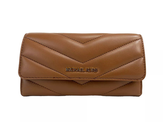 Cartera grande de viaje Jet Set Travel de cuero acolchado de tres pliegues, marrón