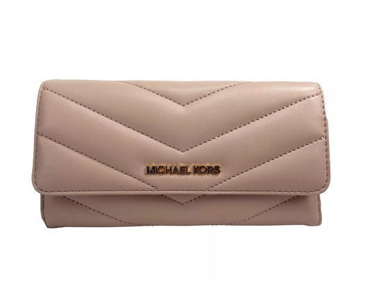 Cartera grande de viaje Jet Set Travel de cuero acolchado, triple pliegue, color rubor polvoriento