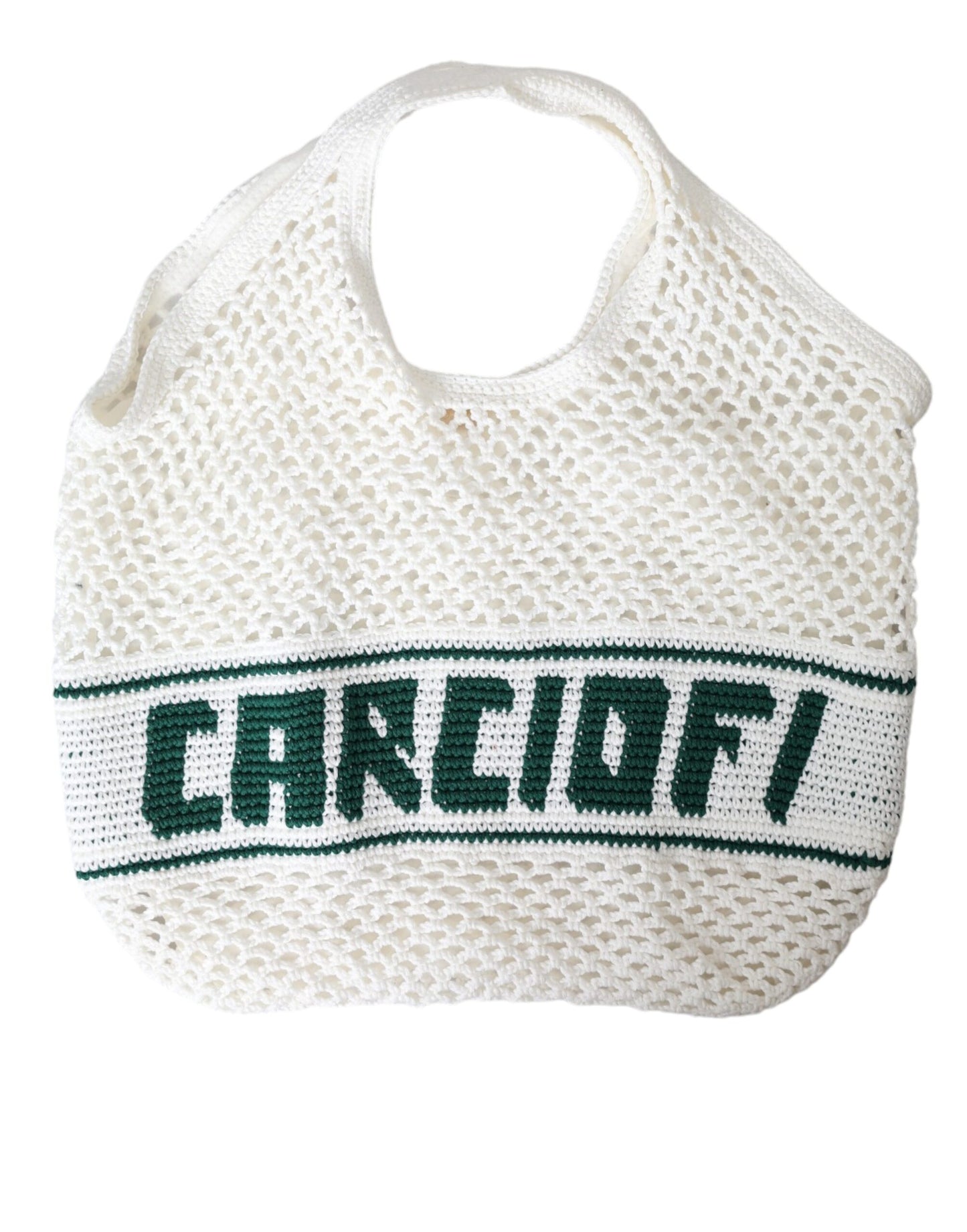Bolsa de compras de algodón tejida con logotipo en blanco y verde