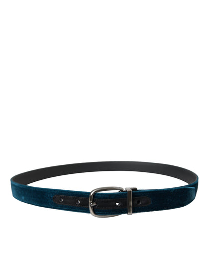 Cinturón de cuero de terciopelo azul con hebilla de metal plateado
