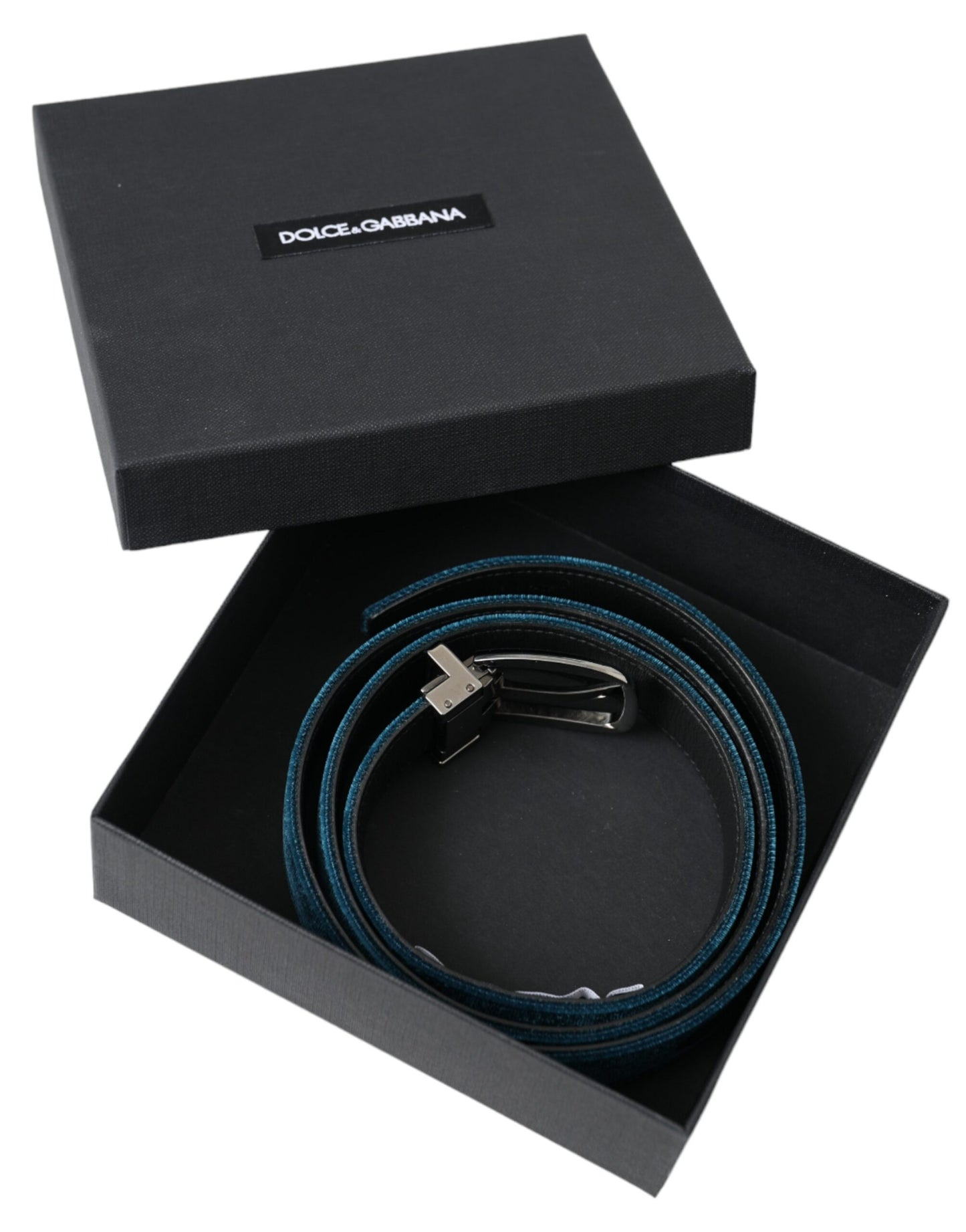 Cinturón de cuero de terciopelo azul con hebilla de metal plateado