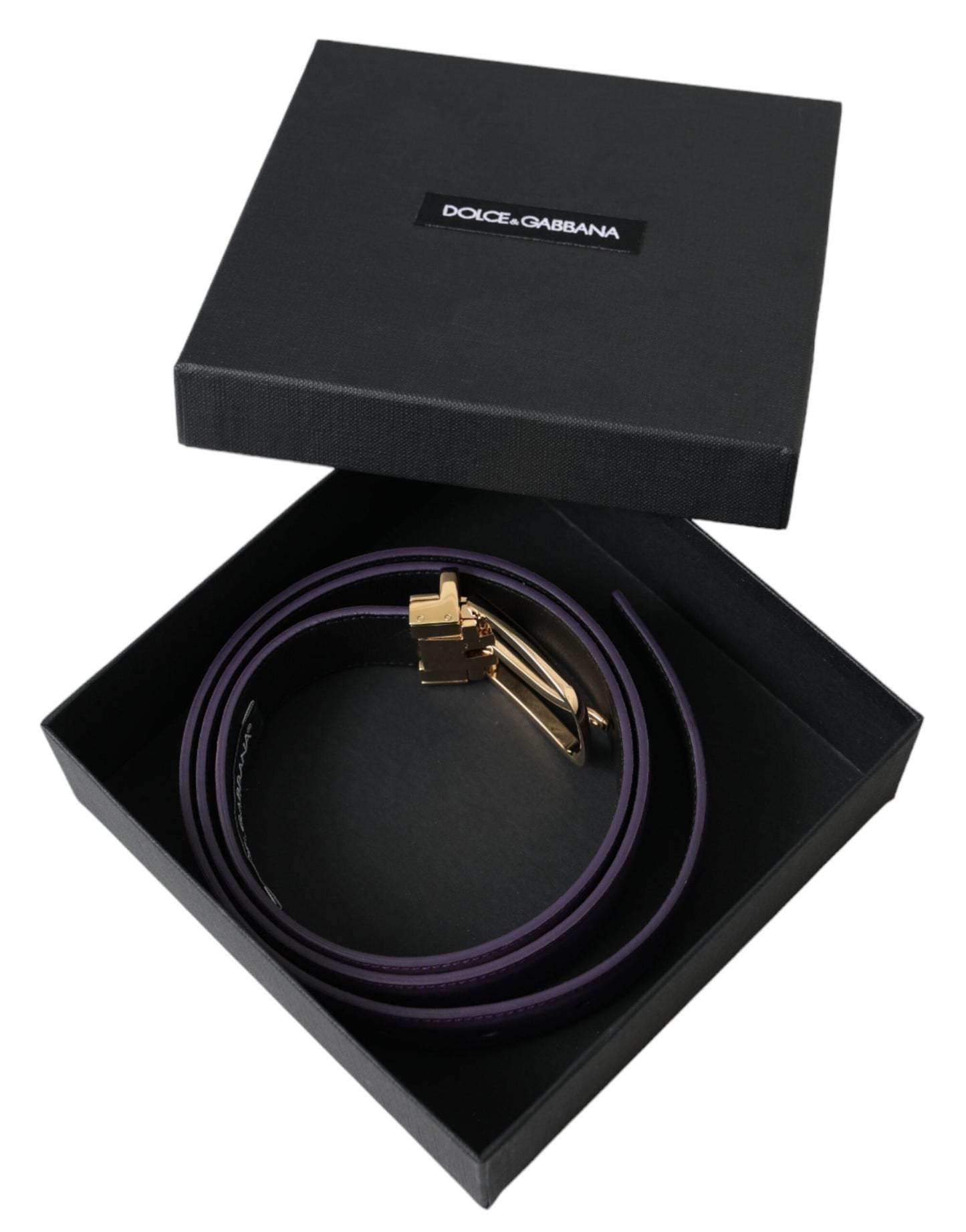 Cinturón de cuero morado con hebilla de metal dorado para hombre