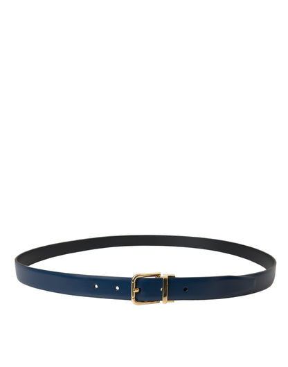 Cinturón de piel de becerro azul con hebilla de metal dorado para hombre