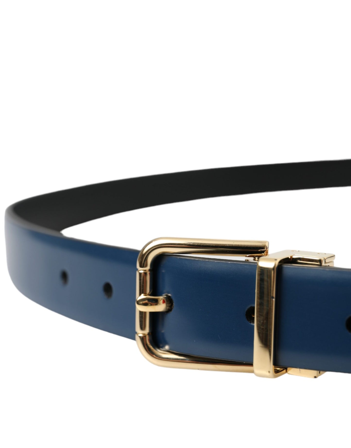 Cinturón de piel de becerro azul con hebilla de metal dorado para hombre