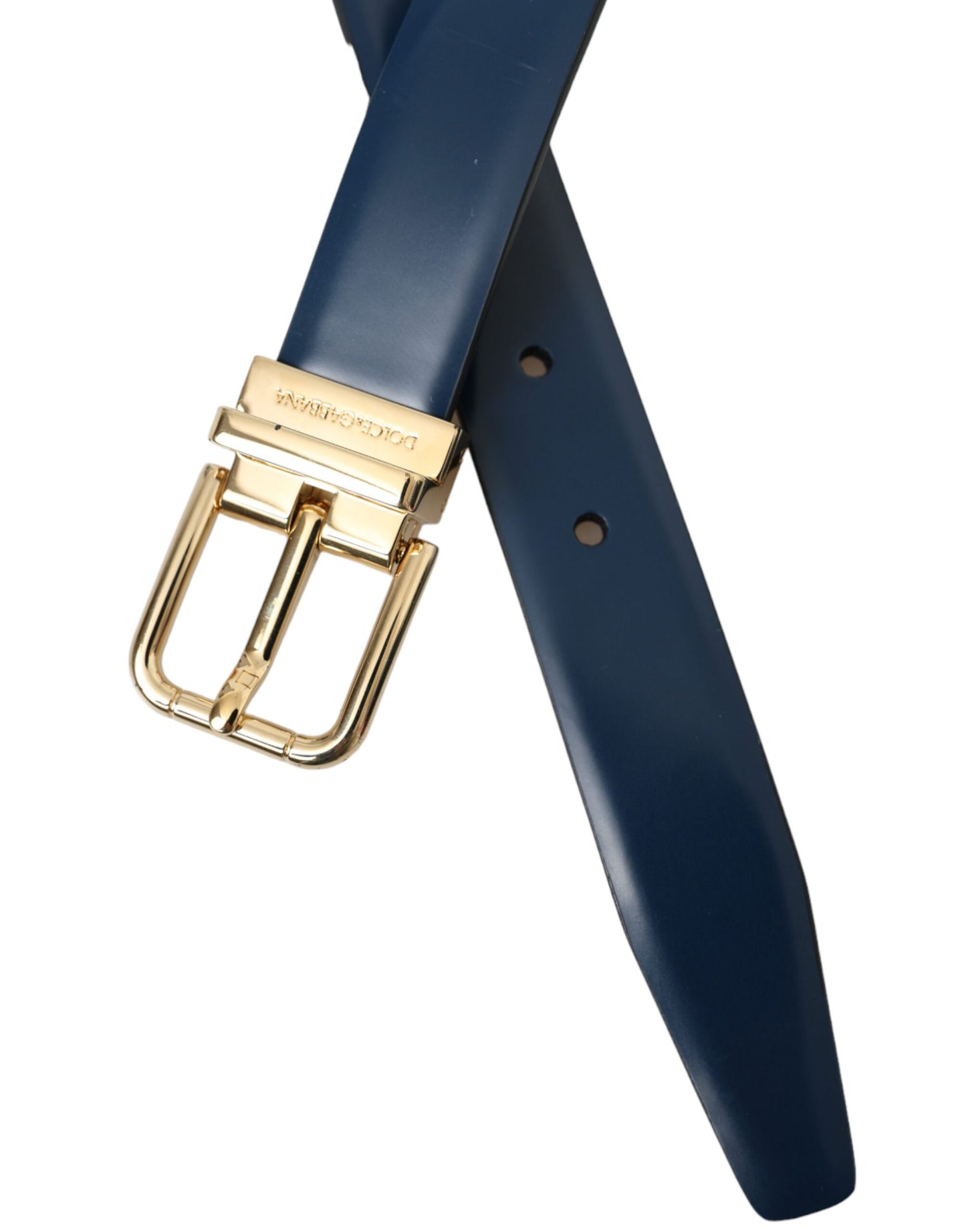 Cinturón de piel de becerro azul con hebilla de metal dorado para hombre