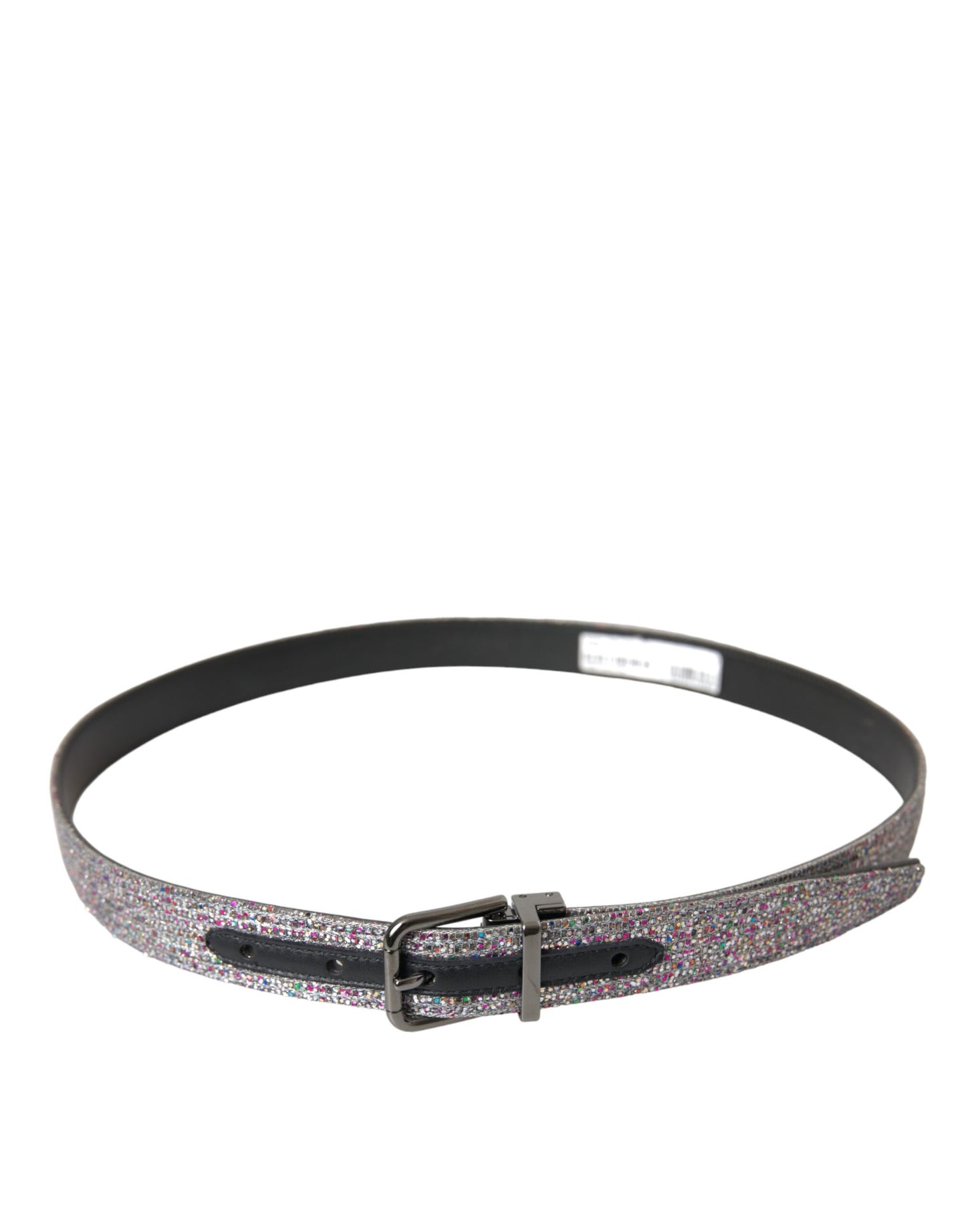 Cinturón con hebilla de metal plateado adornado con varios colores
