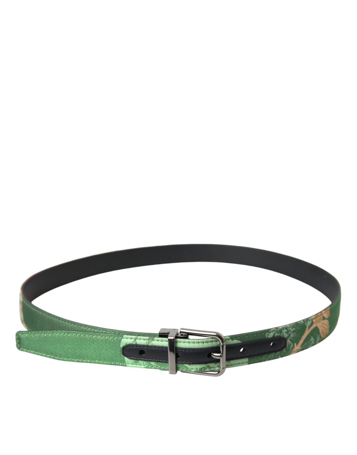 Cinturón de piel verde con hebilla de metal plateado y jacquard