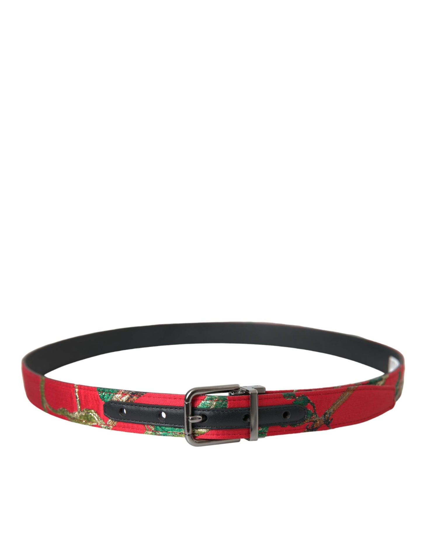 Cinturón de cuero rojo con hebilla de metal plateado y jacquard