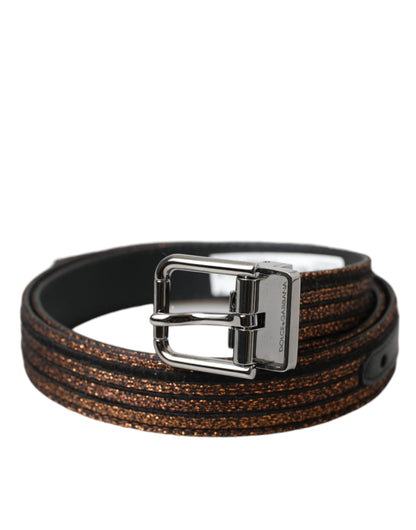 Cinturón con hebilla de metal plateado y rayas jacquard doradas