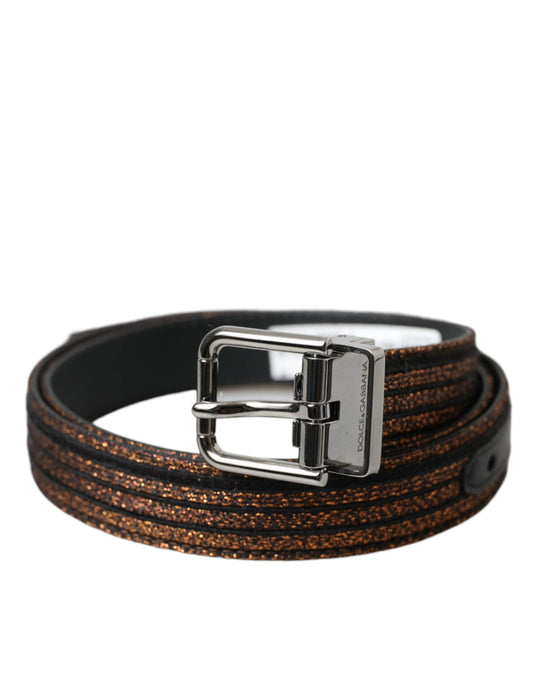 Cinturón con hebilla de metal plateado y rayas jacquard doradas