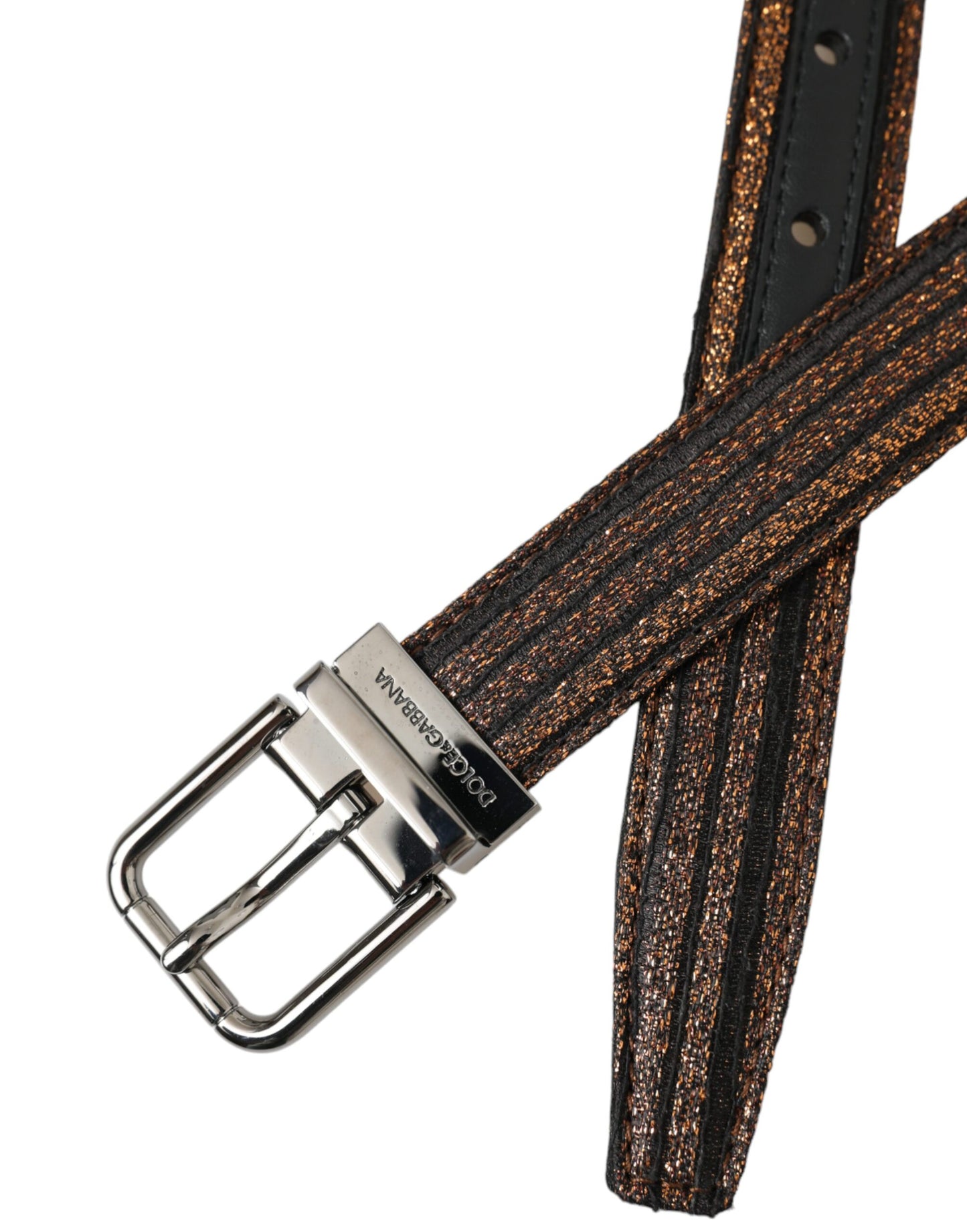 Cinturón con hebilla de metal plateado y rayas jacquard doradas
