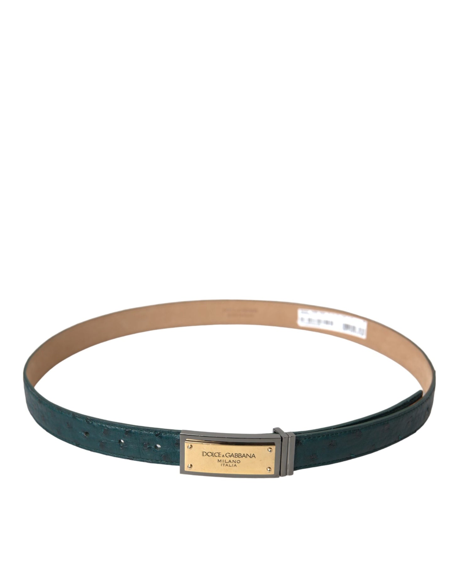 Cinturón de cuero verde con hebilla grabada con logotipo dorado