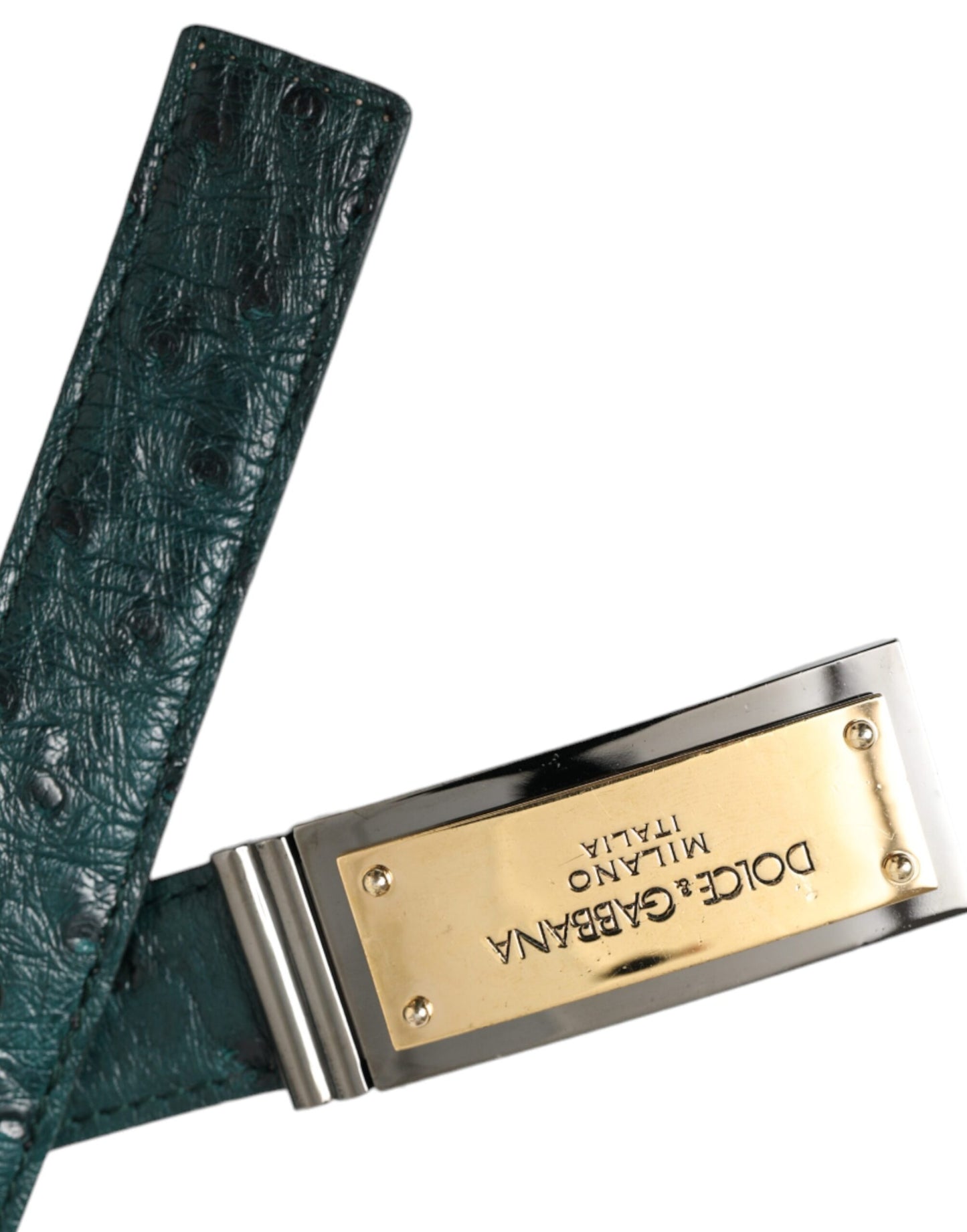 Cinturón de cuero verde con hebilla grabada con logotipo dorado