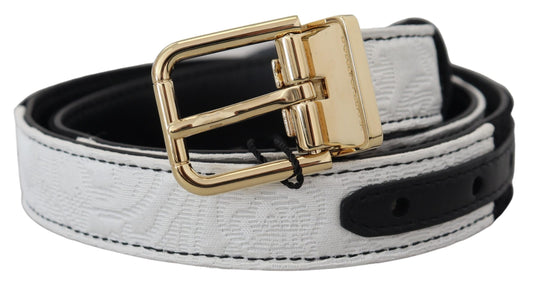 Cinturón con hebilla de metal dorado y patchwork blanco y negro