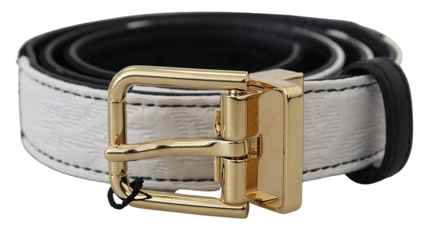 Cinturón con hebilla de metal dorado y patchwork blanco y negro