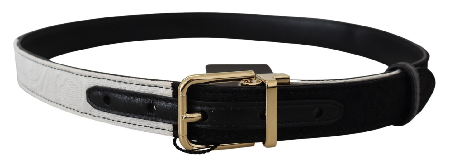 Cinturón con hebilla de metal dorado y patchwork blanco y negro