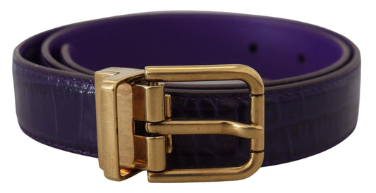 Cinturón de cuero exótico morado con hebilla de metal dorado