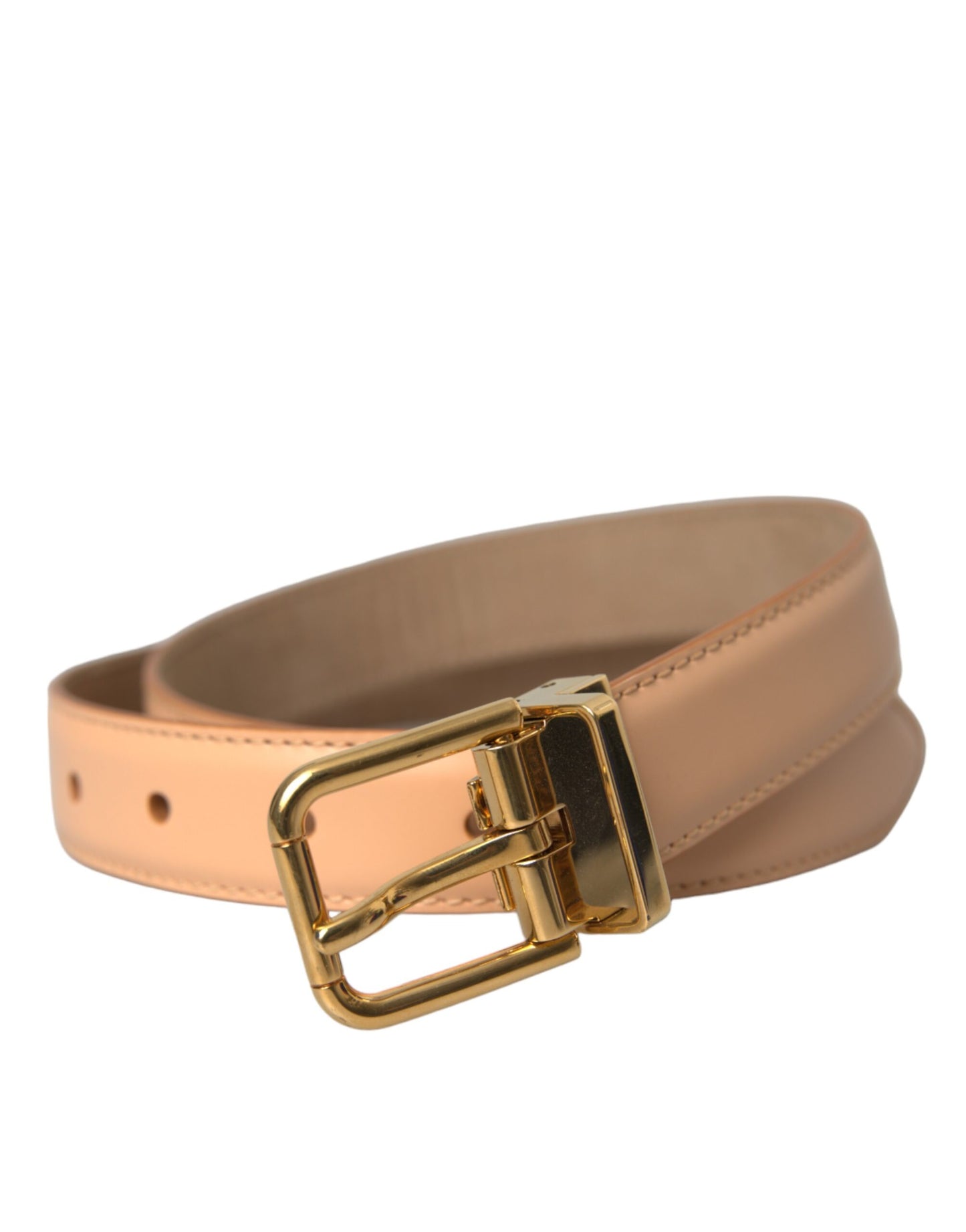 Cinturón de piel de becerro beige con hebilla de metal dorado