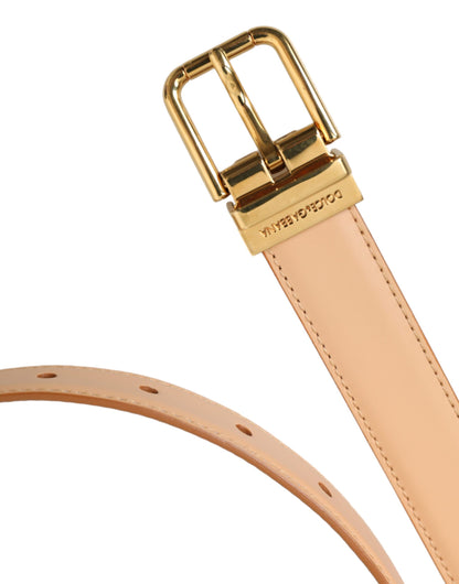 Cinturón de piel de becerro beige con hebilla de metal dorado