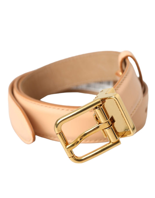 Cinturón de piel de becerro beige con hebilla de metal dorado