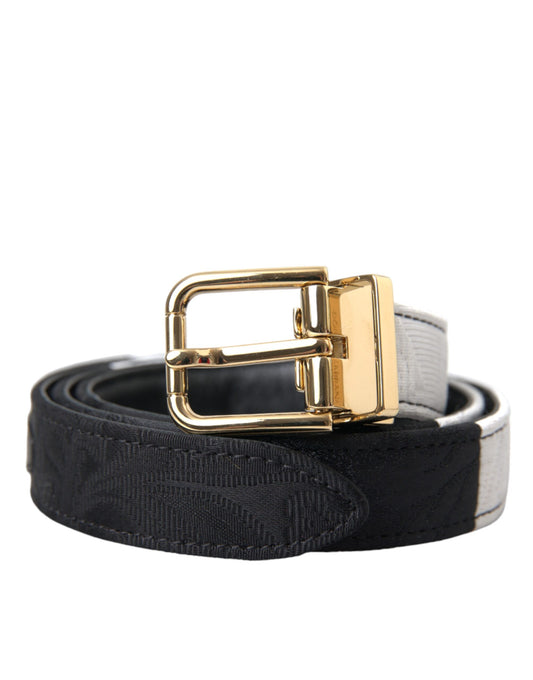 Cinturón con hebilla de metal dorado y patchwork en blanco y negro