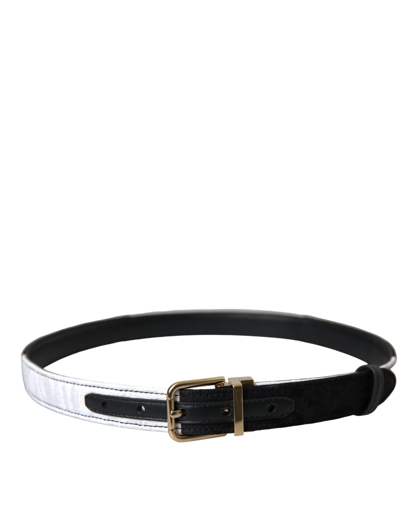 Cinturón con hebilla de metal dorado y patchwork en blanco y negro