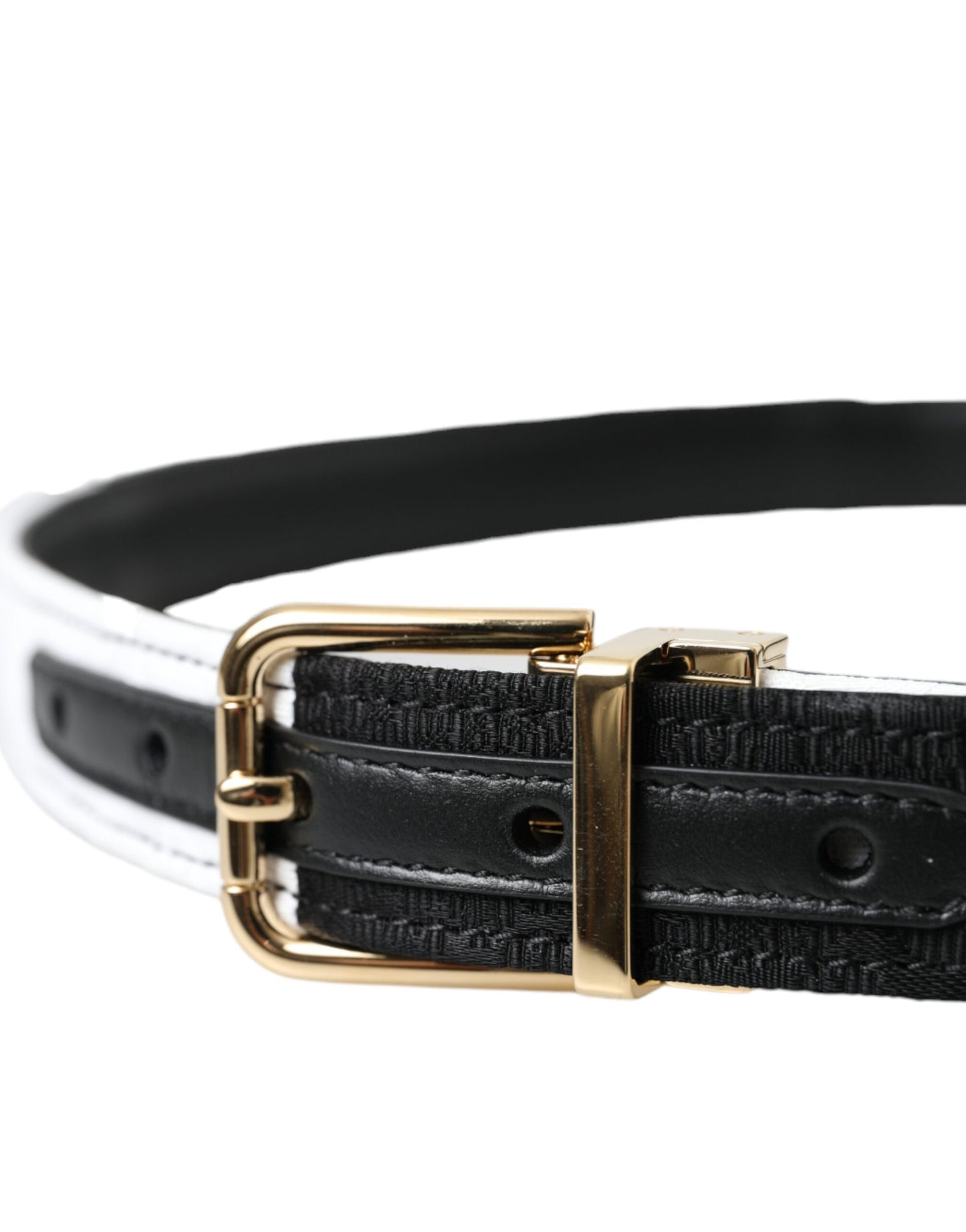 Cinturón con hebilla de metal dorado y patchwork en blanco y negro