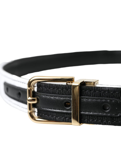 Cinturón con hebilla de metal dorado y patchwork en blanco y negro