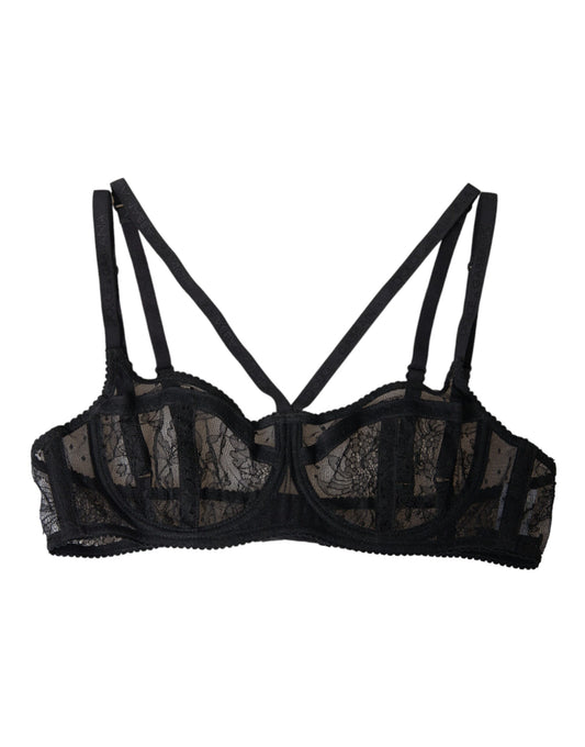Sujetador balconcino de nailon con encaje floral negro