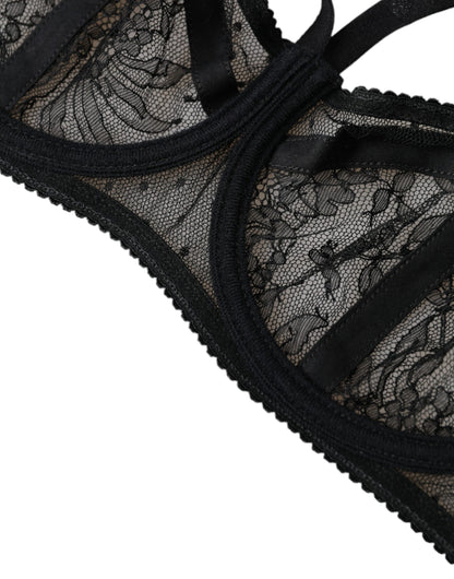 Sujetador balconcino de nailon con encaje floral negro