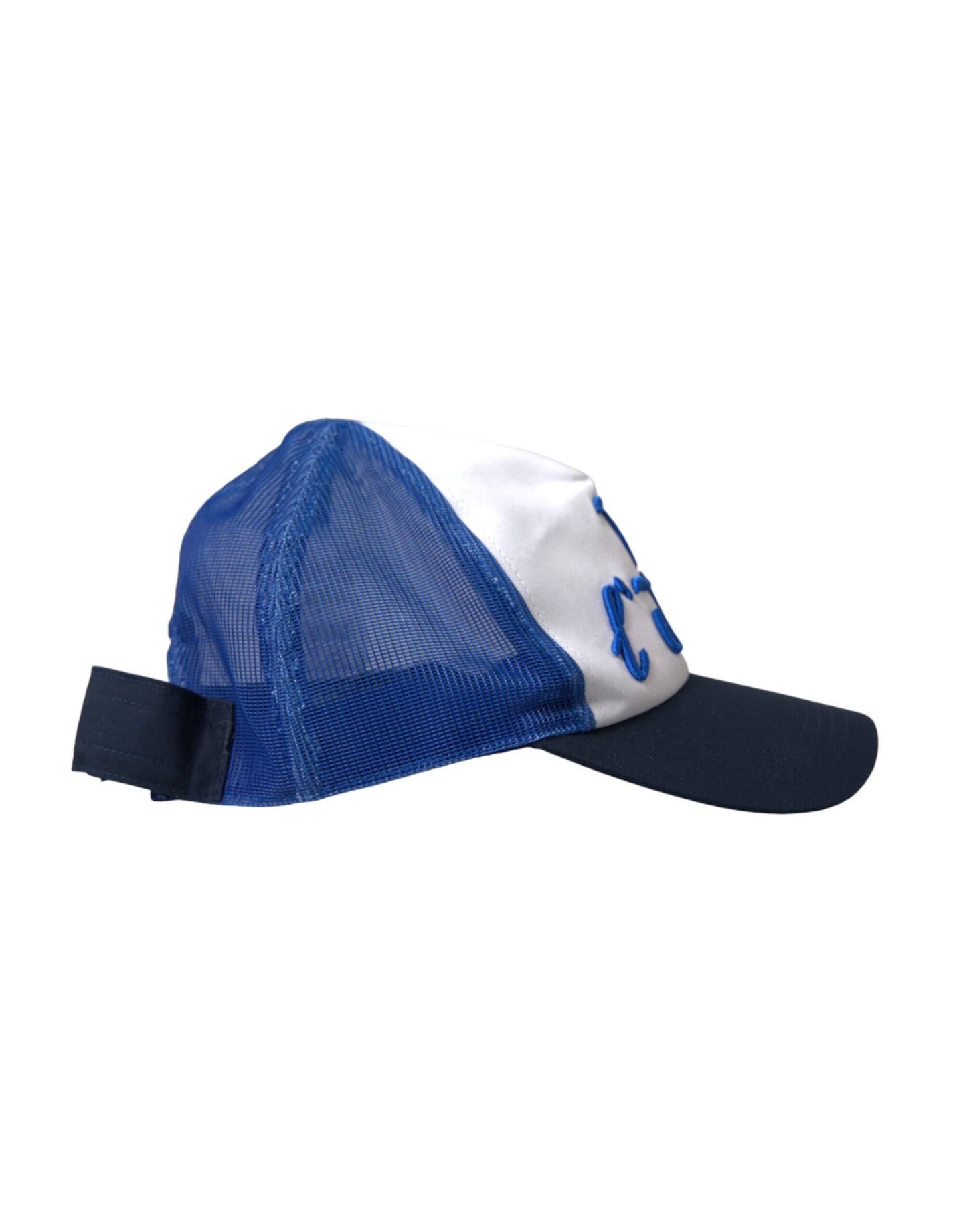 Gorra de béisbol de malla italiana azul, blanca y negra