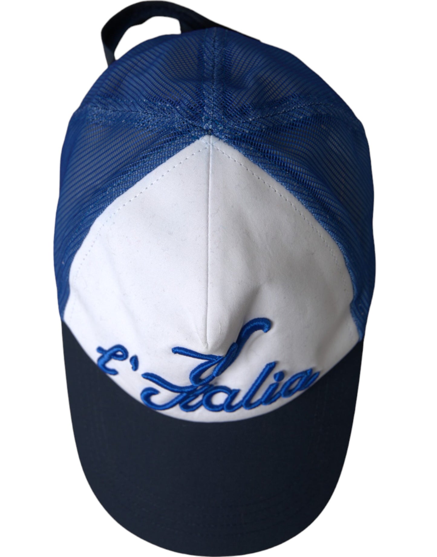 Gorra de béisbol de malla italiana azul, blanca y negra