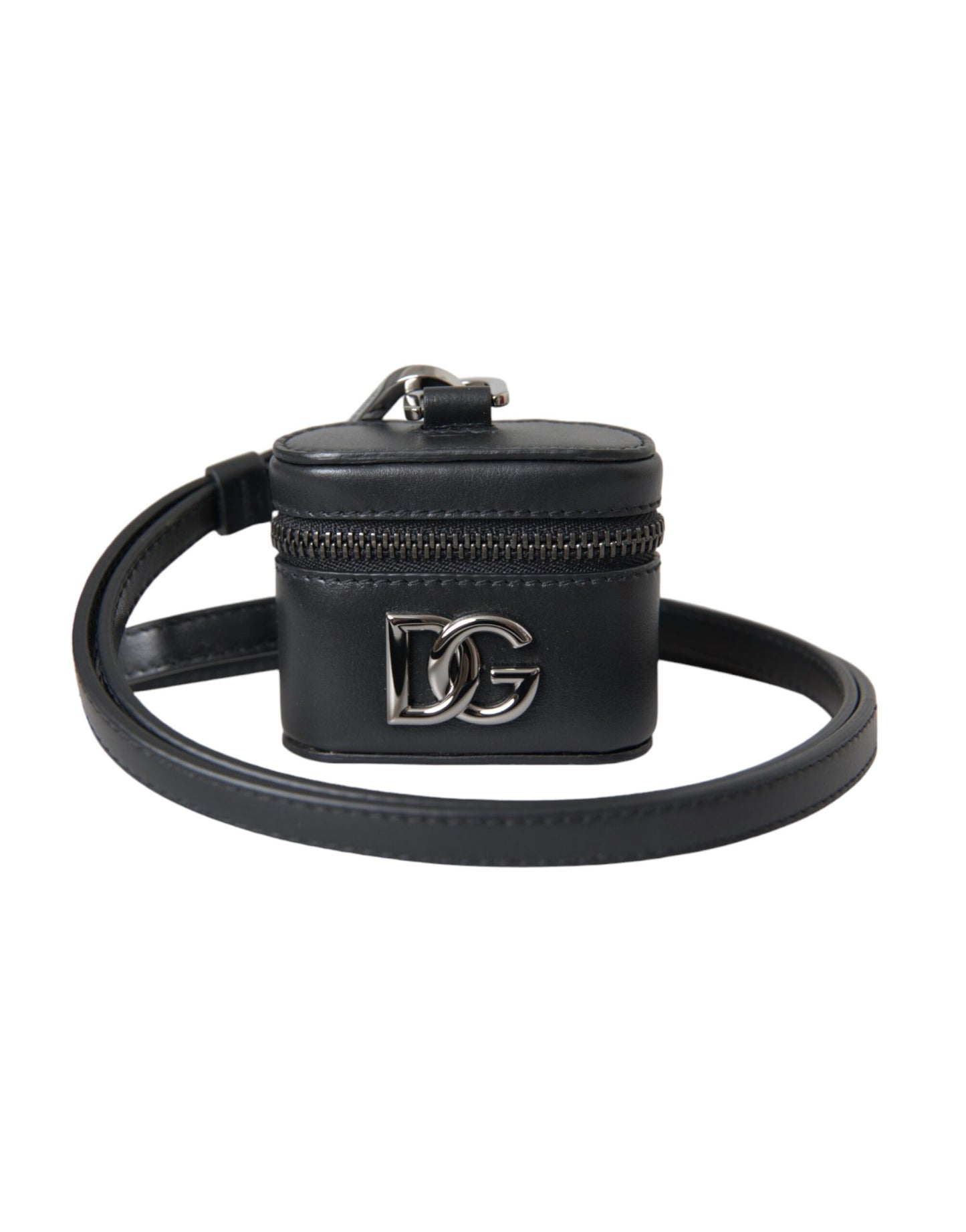 Estuche para Airpods de cuero y metal plateado con logotipo DG negro