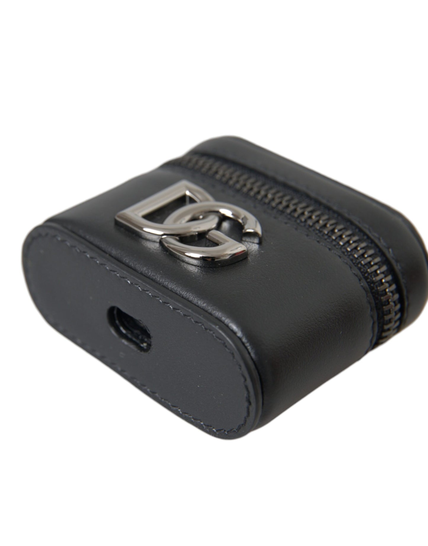 Estuche para Airpods de cuero y metal plateado con logotipo DG negro