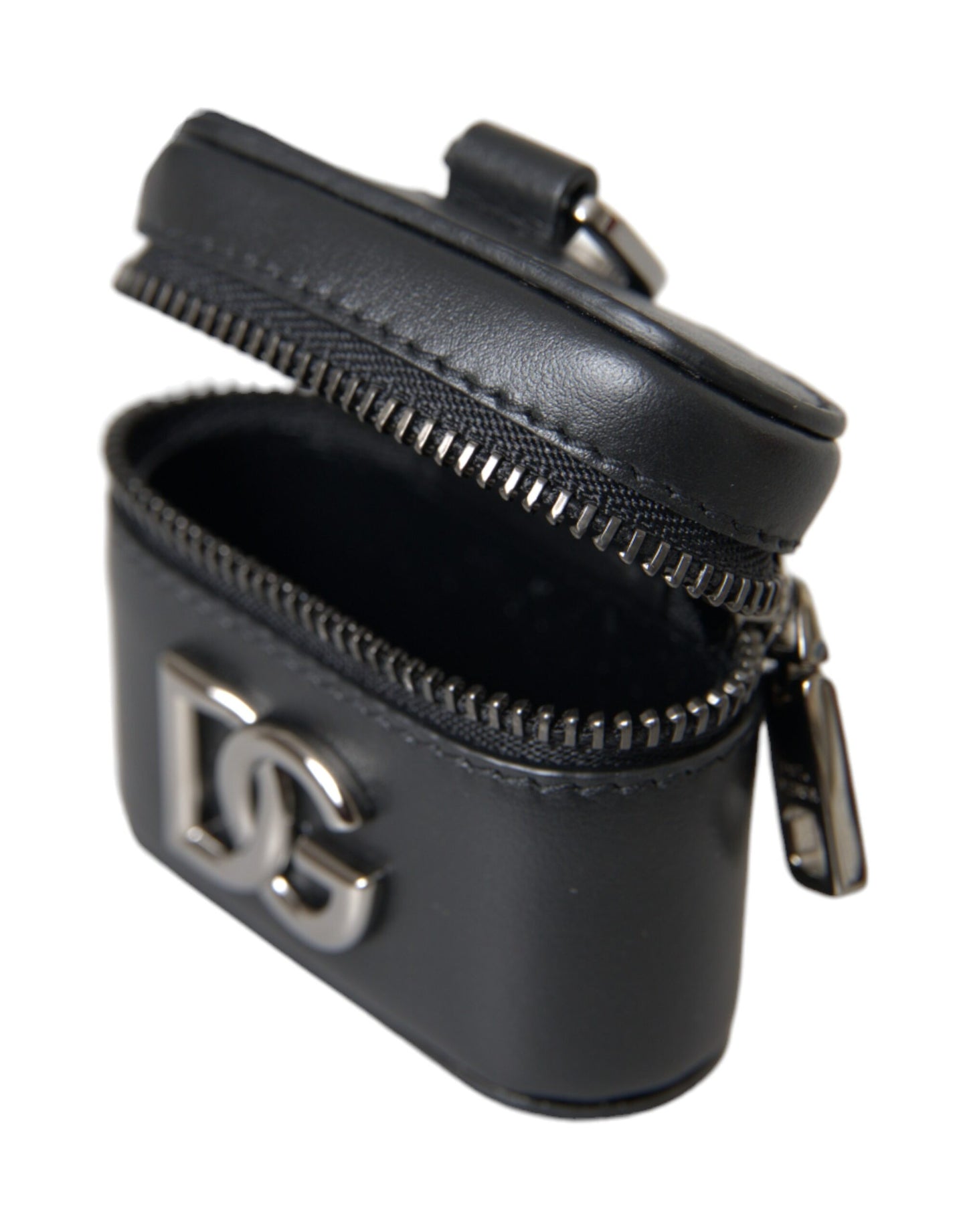 Estuche para Airpods de cuero y metal plateado con logotipo DG negro
