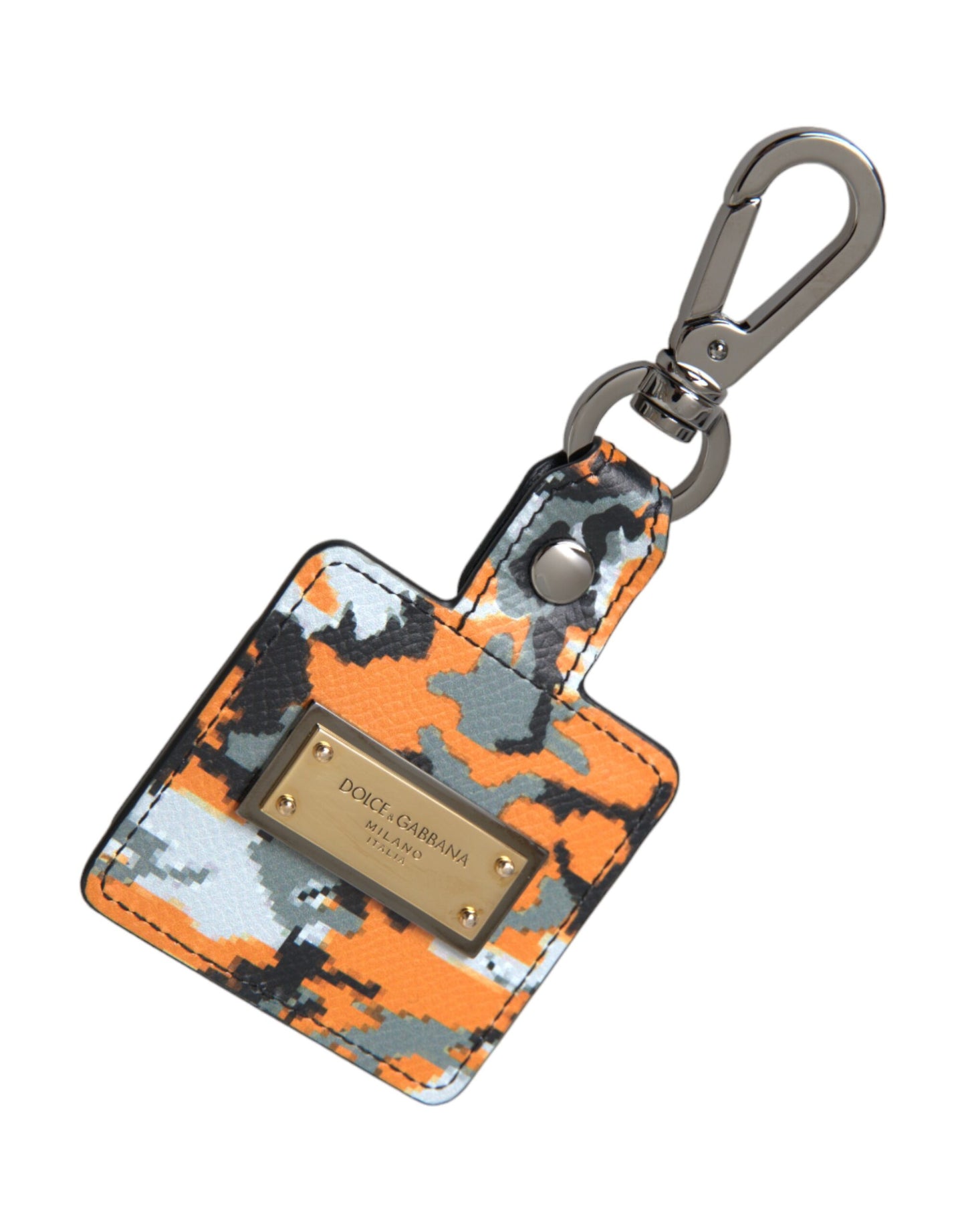 Estuche metálico para Airpods con logotipo de cuero y estampado de camuflaje multicolor