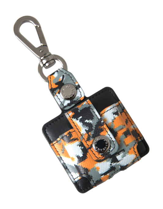 Estuche metálico para Airpods con logotipo de cuero y estampado de camuflaje multicolor
