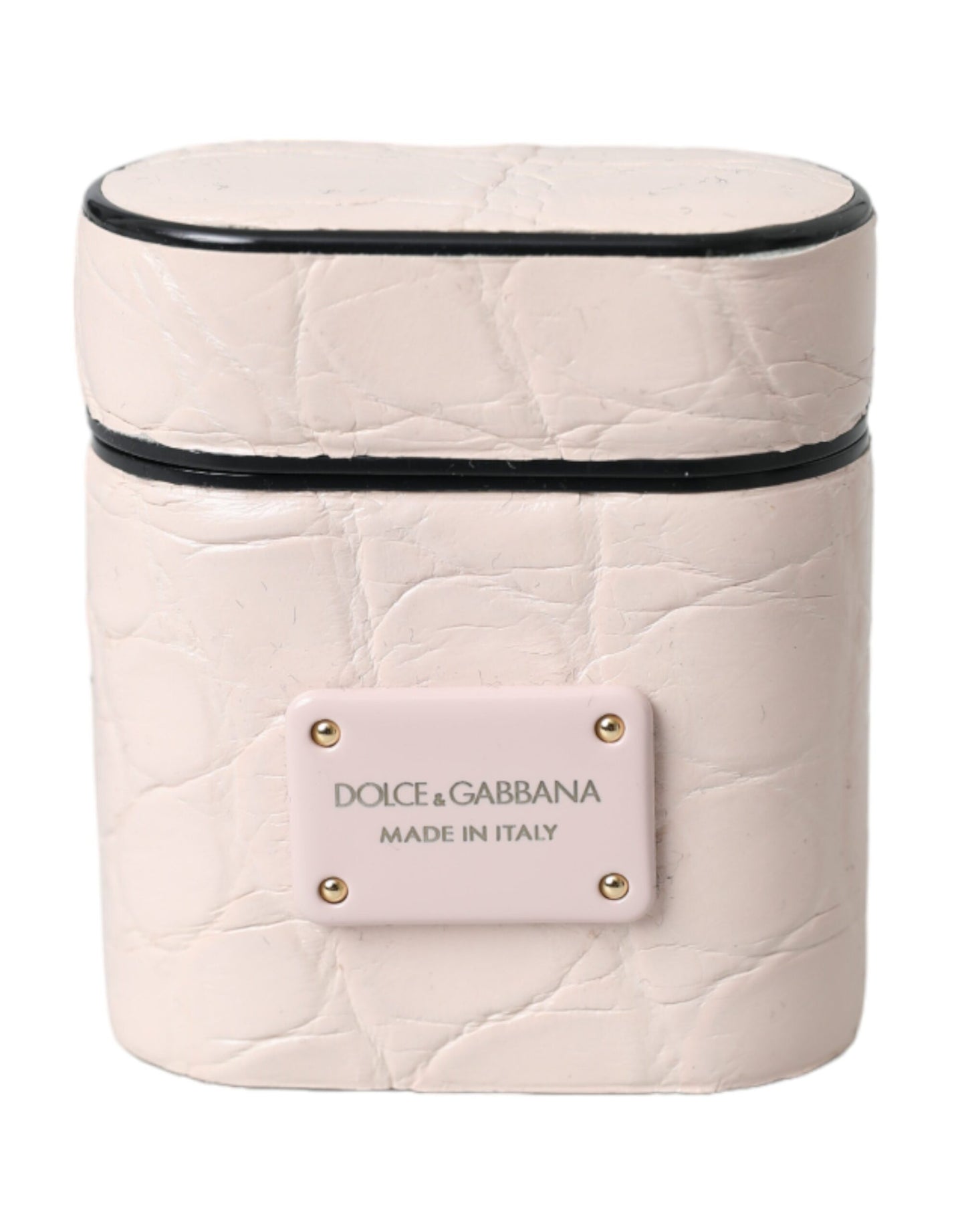 Estuche para AirPods de cuero rosa claro con placa metálica y logotipo