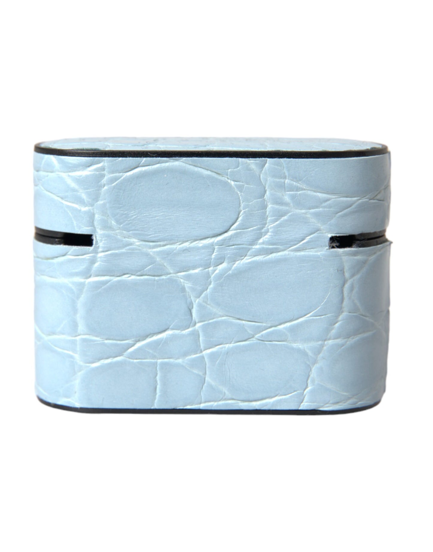 Estuche para AirPods de cuero azul claro con placa metálica y logotipo