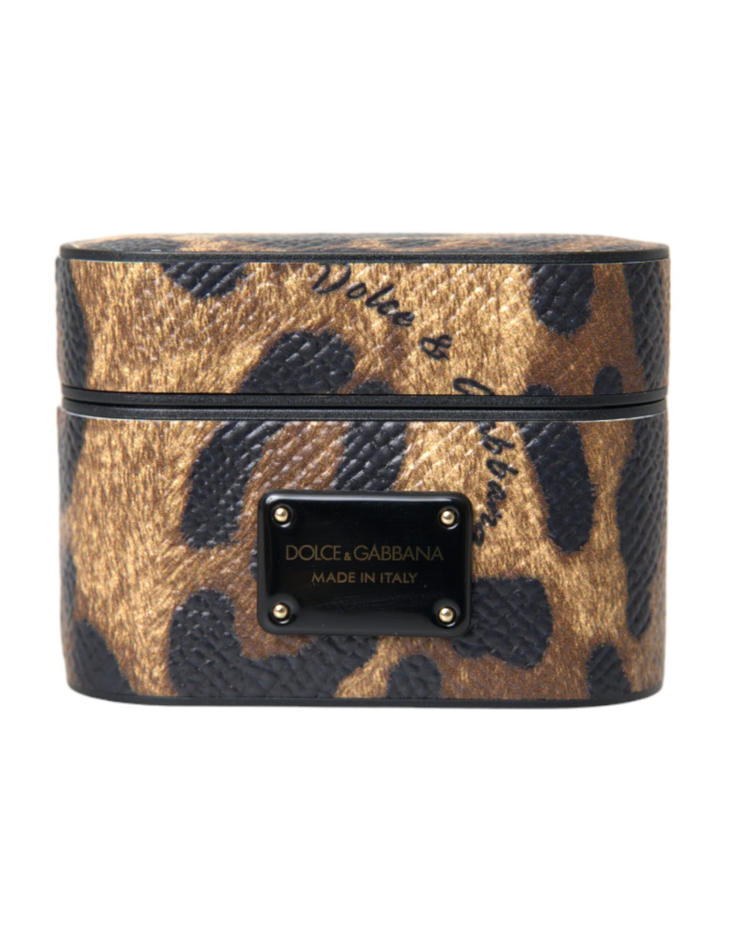 Estuche para AirPods de piel de becerro con estampado de leopardo marrón y placa metálica con el logotipo