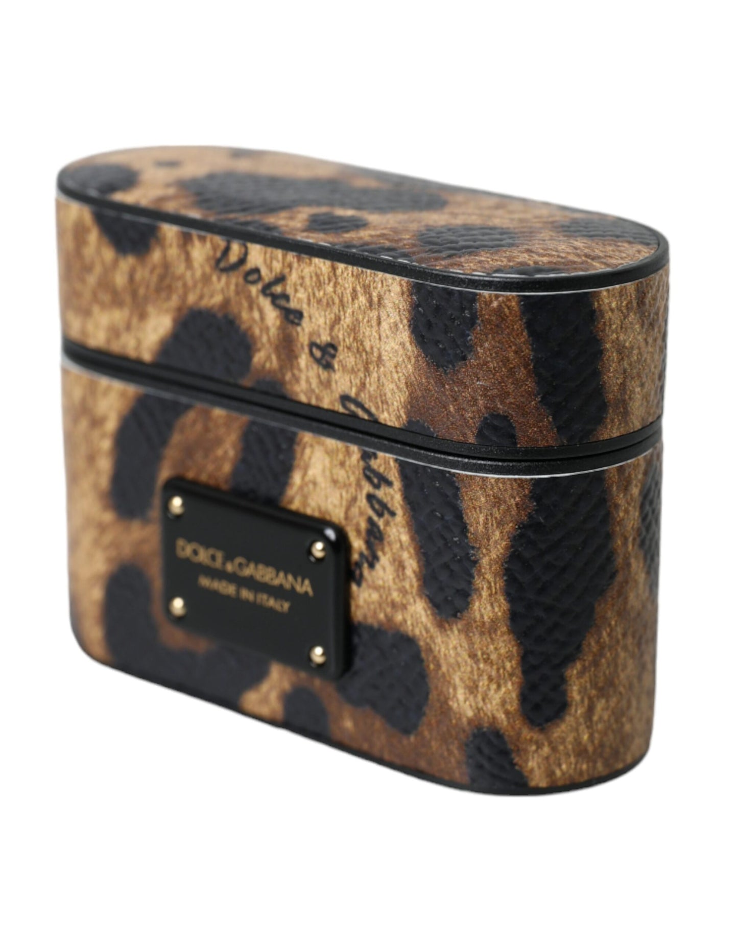 Estuche para AirPods de piel de becerro con estampado de leopardo marrón y placa metálica con el logotipo